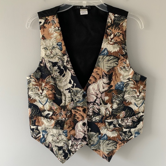 Vintage Jackets & Blazers - Vintage Cat Print Tapestry Vest